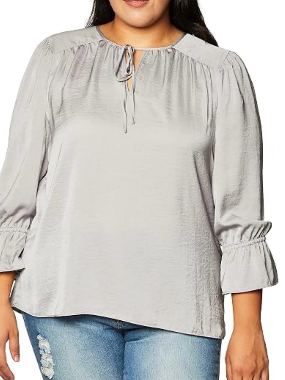 Lucky Brand Slate Gray Tie-Neck Peasant Blouse